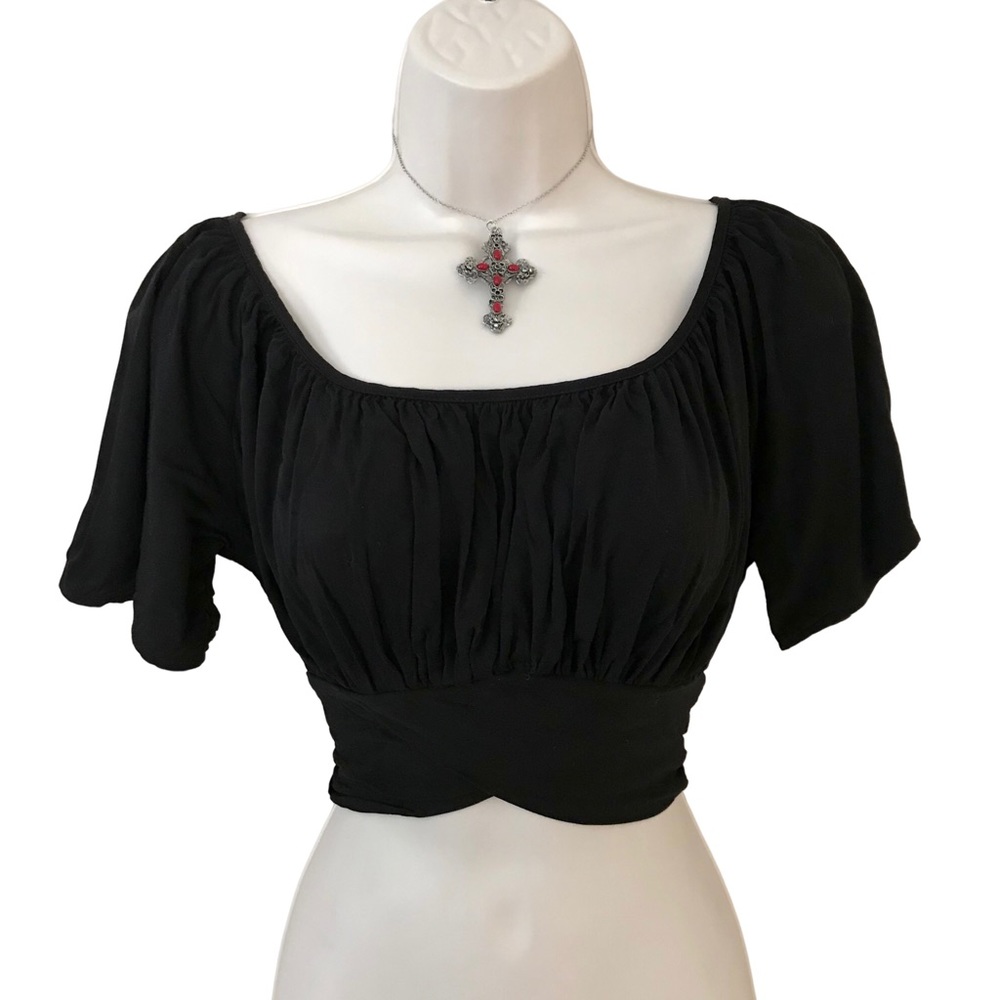 Y2K Style Sexy Black Milkmaid Goth Peasant Scoop Neck Crop Top Blouse Size Large